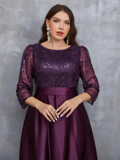 Crew neck long sleeve sequin patchwork satin long gown ball dress Party dress Bridesmaid dress