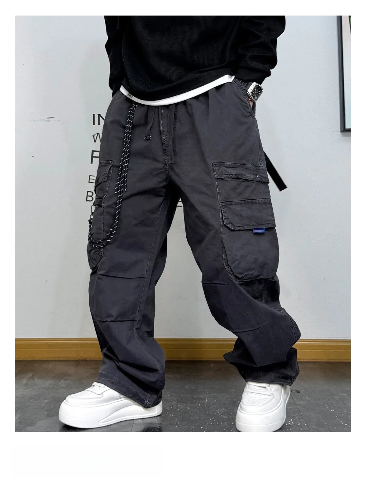 American Premium Cargo Pants Mens Pleated Baggy Multi Pocket Streetwear Oversized Straight Leg Casual Spring Fall Trendy Male