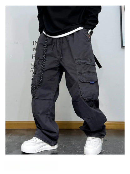 American Premium Cargo Pants Mens Pleated Baggy Multi Pocket Streetwear Oversized Straight Leg Casual Spring Fall Trendy Male