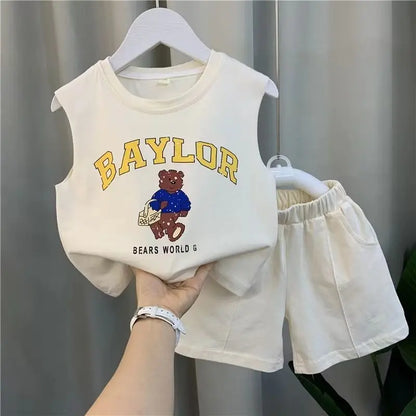 Summer Children Boys 2PCS Clothes Set Cotton Letter Bear Sleeveless Tops Tee Suit Thin Cool Sporty Shorts Kid Babys Boys Outfits