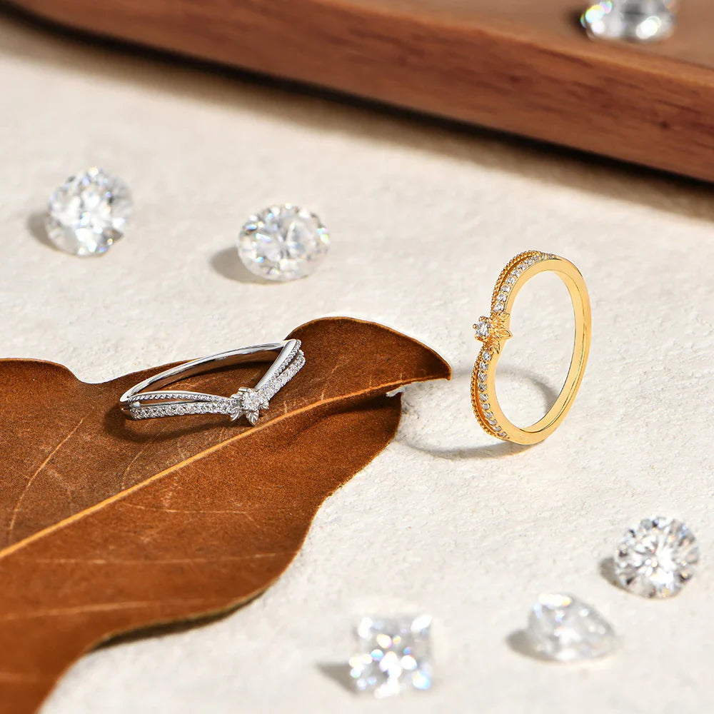 Stackable Synthetic Moissanite Ring for Women Handmade 925 Sterling Silver Yellow Gold plated Crown Wedding Band Jewelry