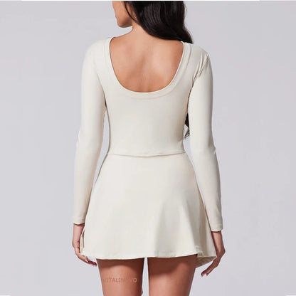 Womens High Neck Tennis Dress Long Sleeve Sarong Wrap Skirt Built in Shorts Golf Athletic Dress Workout Rompers