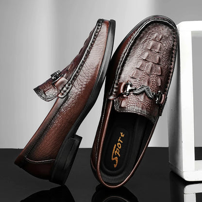 High Quality Round Toe Breathable Loafers Fashionable Brand Men's Comfortable Crocodile Patterned Casual Cowhide and Bean Shoes