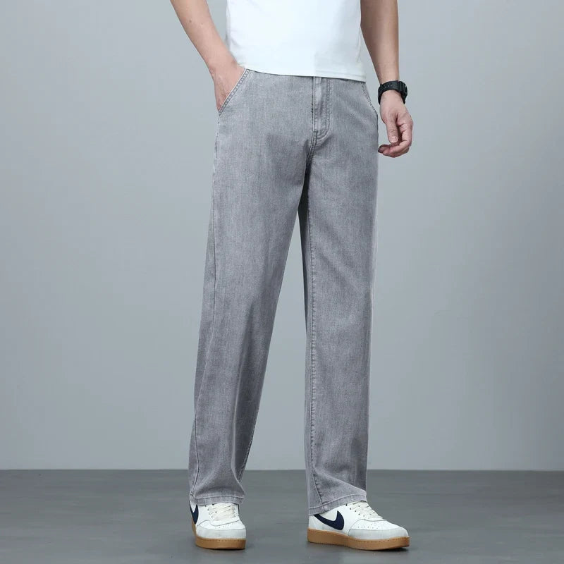 High Quality Spring Summer Lyocell Men's Jeans Loose Straight Wide Leg Casual With Slant Pockets Trousers Male  Plus Size 40