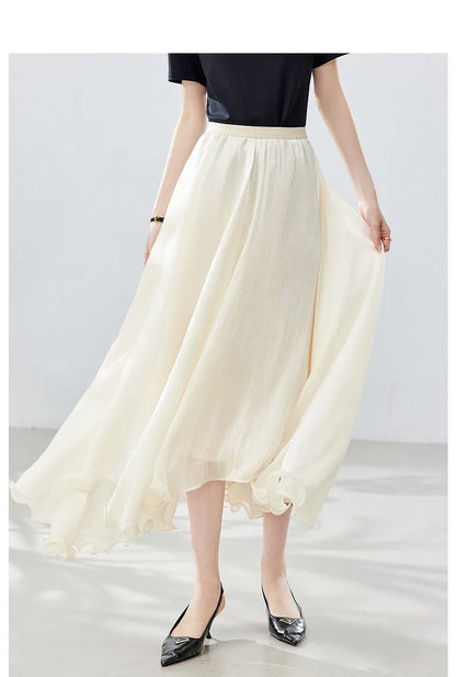 French A-line Shimmer Skirt for Women 2026 Summer New Fashion Irregular Ruffle Hem Elegant Office Maxi Skirt Bottoms 30813