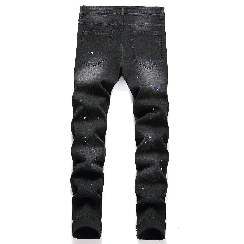 2025 Autumn New Stretch Jeans Fashionable Ripped Patchwork Slim European American Pants Male Paint Dot Hip Hop Denim Trousers