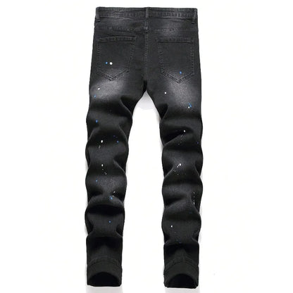 2025 Autumn New Stretch Jeans Fashionable Ripped Patchwork Slim European American Pants Male Paint Dot Hip Hop Denim Trousers