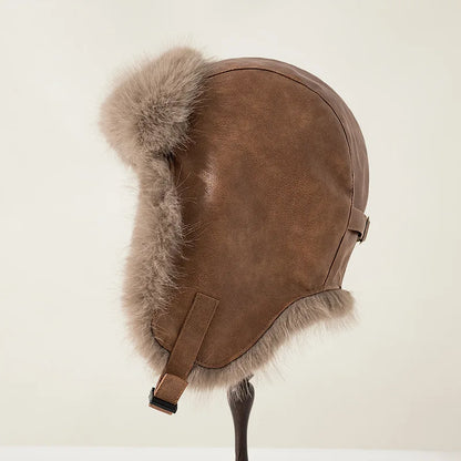 Women Winter Windproof Cold Proof Hat Man Warm Leather Pilot Hats Adult Long Fur Ear Protection Cap