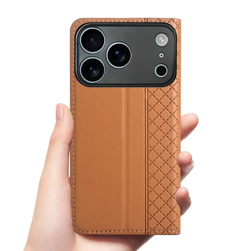 For APPLE iPhone 17 16 16E 15 14 Pro Max Air Plus Flip Case Grid Pattern Magnetic Cover Cowhide Genuine Leather Wallet Covers