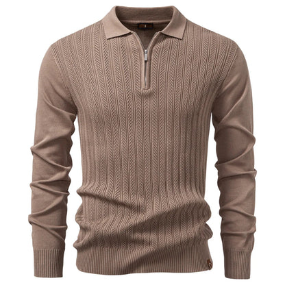 Zip Placket Polo Shirt Men Premium Solid Color Slim Fit Long Sleeve Textured Fabric Business Casual Autumn Winter