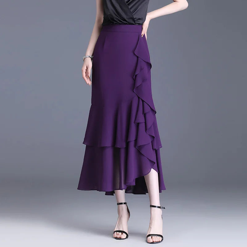 Fashion Irregular Fishtail Chiffon Skirts Elegant High Waist Summer Luxury Party Skirt Female Ruffles Long Skirts