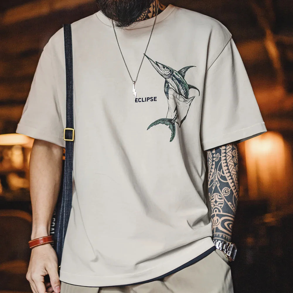 Casual Printed Short Sleeve T-Shirt Men's Summer Loose Fit Heavyweight Cotton Ribbed Round Neck Tee  Versatile Street Tops