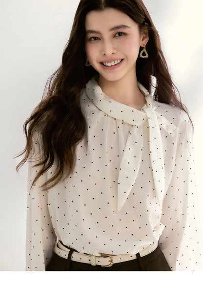 Women's White Polka Dot Blouse Spring Bow Tie Neck Sheer Chiffon Blouses Casual Long Sleeve Top Office Lady MXF13X2531