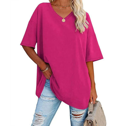 Women's Loose V-Neck Top Spring/Summer New Color Half Sleeve European American Style Clothing Amazon Foreign Trade