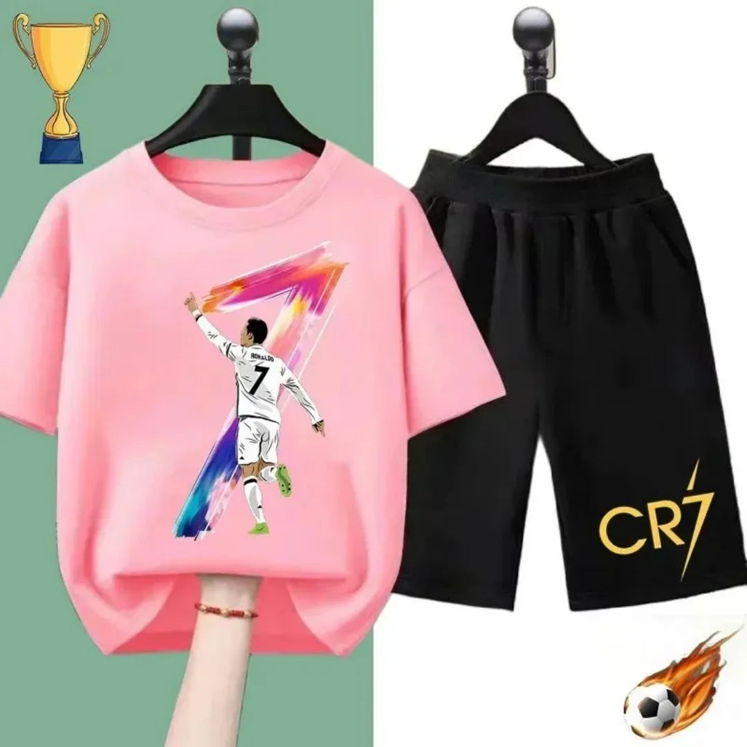 2025 Summer new children's suit Ronaldo football star printed children's suit Children's summer short sleeve shorts boys and gir