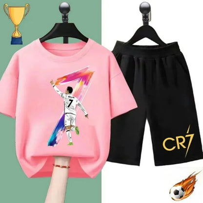 2025 Summer new children's suit Ronaldo football star printed children's suit Children's summer short sleeve shorts boys and gir