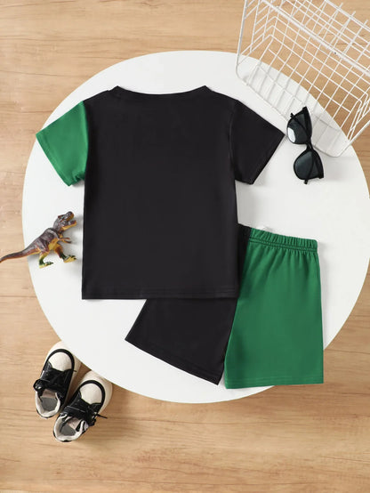 Boys Summer Clothes Set Dinosaur ROAR Print Color Block T-shirt Shorts 2Pcs Toddler Kids Breathable Sporty Casual Outfit