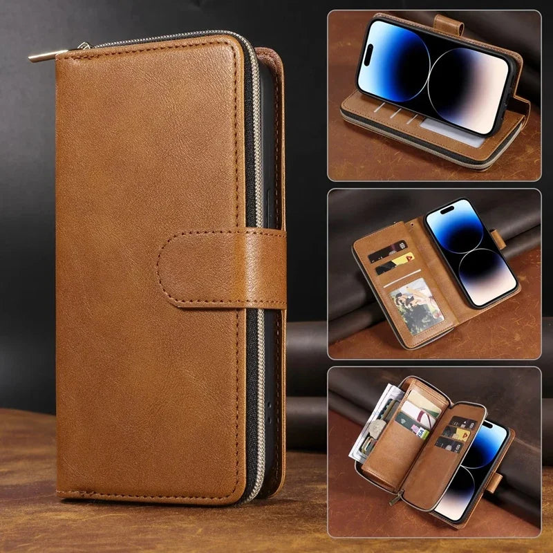 Double Layer Zipper Wallet Case with 9 Card Slots for iPhone 16 16E Pro Max 15 14 Plus13 12 Pro Max PU Leather Flip Cover