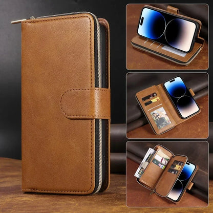 Double Layer Zipper Wallet Case with 9 Card Slots for iPhone 16 16E Pro Max 15 14 Plus13 12 Pro Max PU Leather Flip Cover