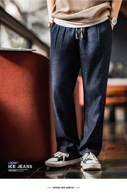 Autumn Casual Jeans for Men Washed Double Pleated Baggy Straight Denim Trousers Mid-rise Zipper Wear-resistant Jeans