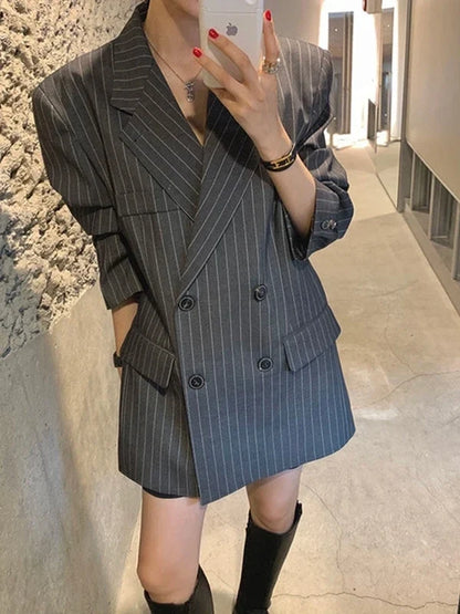 Ele Stripe Loose Faionable Suit Jaet with Belt Hong Kong Sle Retro Chic Top Women's Busin Casual Outerwear