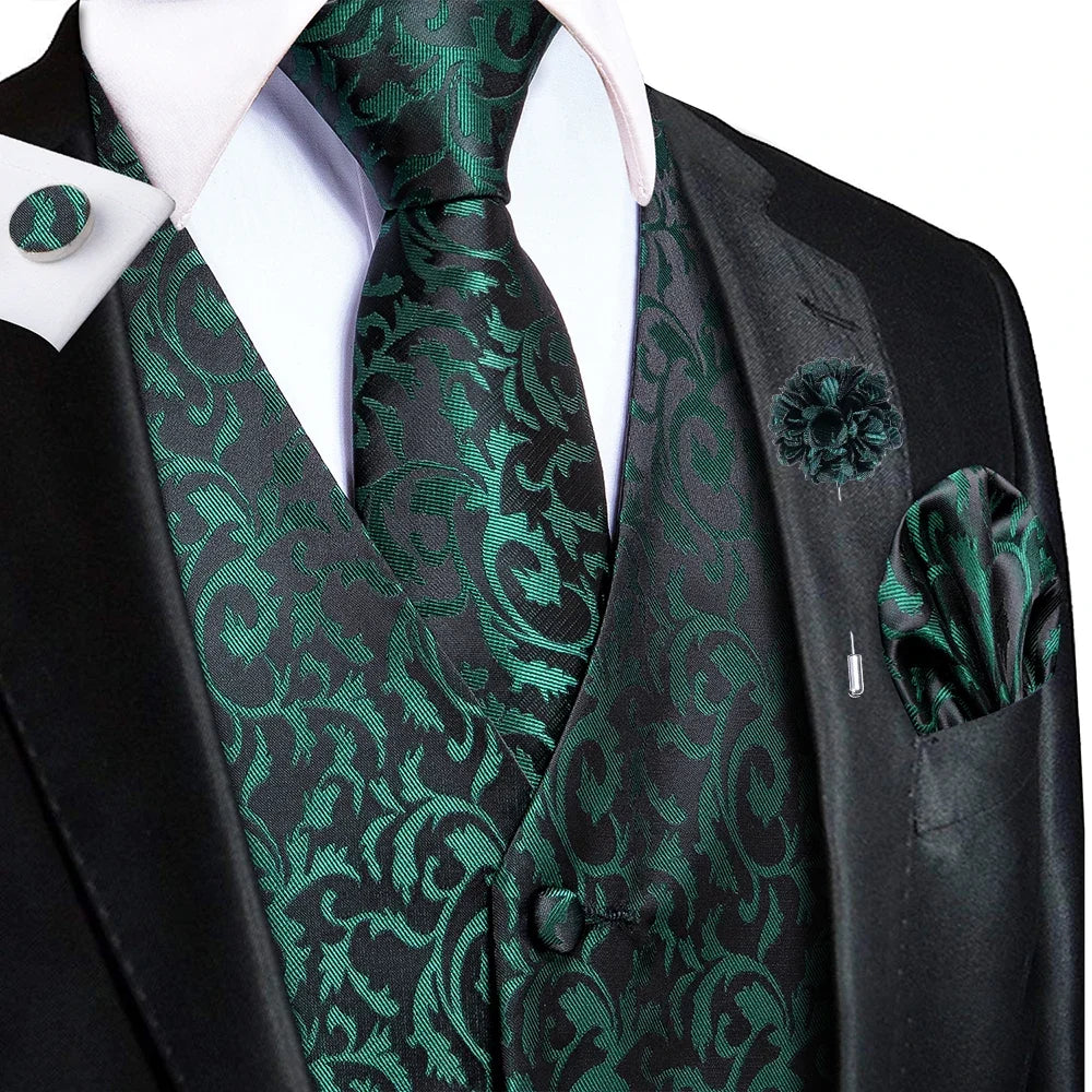 Navy Blue Mens Silk Vests Business Paisley V-Necl Waistcoat Tie Hanky Cufflinks Brooch Set for Men Suit Wedding Formal Hi-Tie