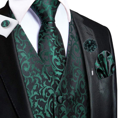 Navy Blue Mens Silk Vests Business Paisley V-Necl Waistcoat Tie Hanky Cufflinks Brooch Set for Men Suit Wedding Formal Hi-Tie