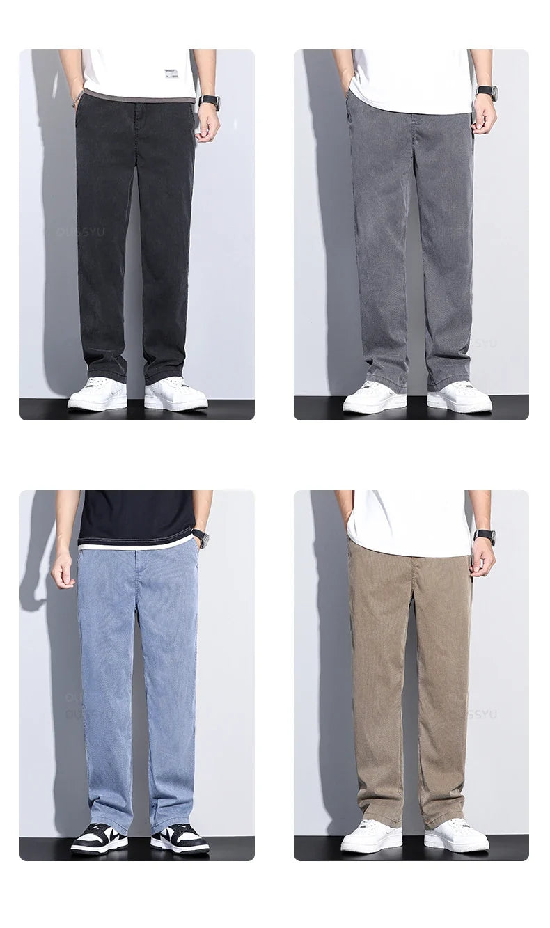 Brand Clothing Summer New Soft Lyocell Fabric Jeans Men Blue Elastic Waist Loose Straight Thin Denim Trousers Male Plus Size 5XL
