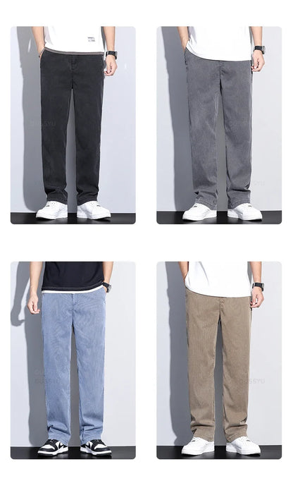 Brand Clothing Summer New Soft Lyocell Fabric Jeans Men Blue Elastic Waist Loose Straight Thin Denim Trousers Male Plus Size 5XL