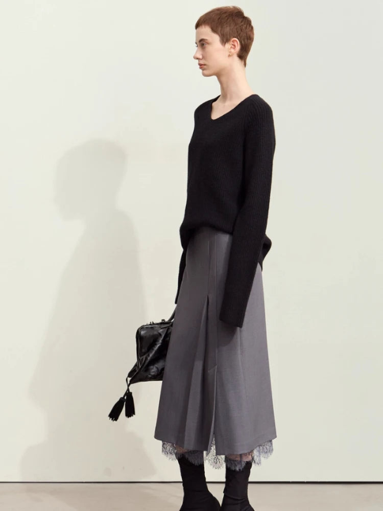 Minimalism Skirts for Woman 2025 Spring New Elegant Patchwork Lace Women's Clothing Retro Lady A-Line Pleated Skirt12443013
