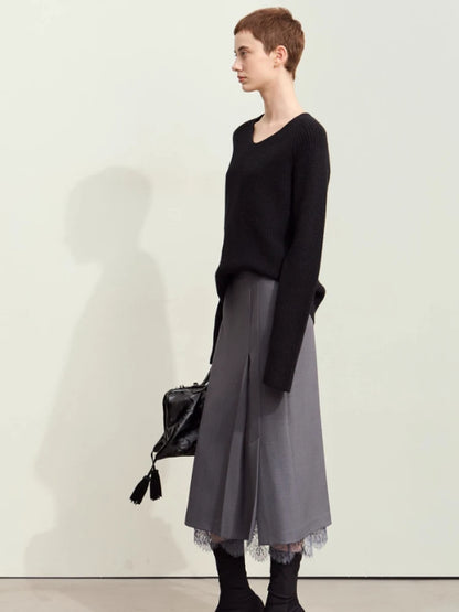 Minimalism Skirts for Woman 2025 Spring New Elegant Patchwork Lace Women's Clothing Retro Lady A-Line Pleated Skirt12443013
