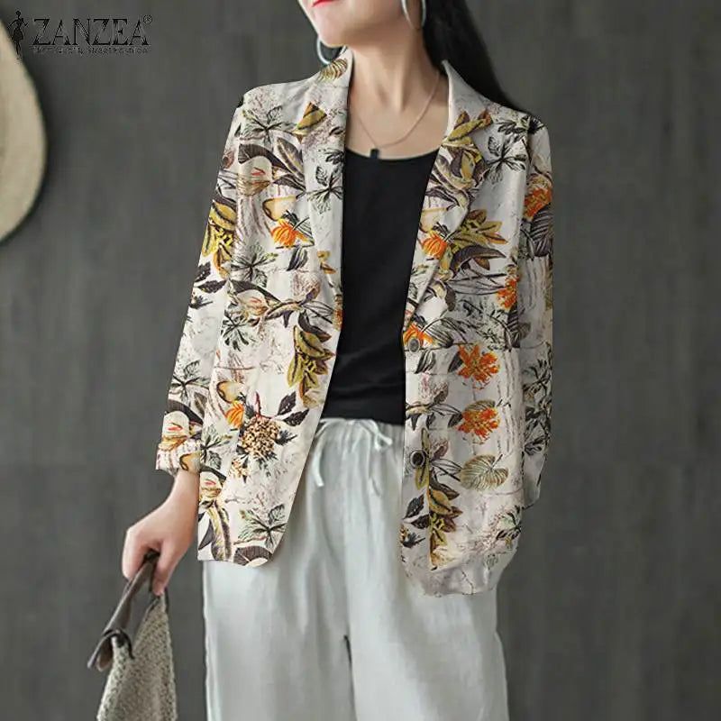 Women Cotton Blazer Vintage Lapel Neck Long Sleeve Thin Coats Autumn Elegant Work Suit Retro Floral Printed Loose Outwear