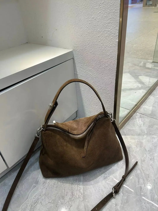 Genuine Leather Fashion Autumn Winter Boston Tote Soft Matte Suede Cow Leather Women's Handbag Shoulder Crossbody Bag For Women
