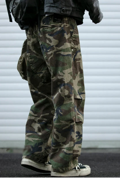 American Tactical Cargo Pants Men Heavyweight Cotton Loose Fit Straight Leg Camouflage Vintage Washed Outdoor Streetwear Premium