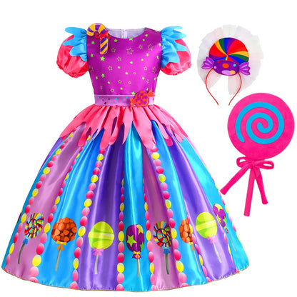 2025 Purim Festival Suspender Rainbow Dress For Girl Candy Lollipop Costume Party Gift Candy Dress + Lollipop Accessories Suit