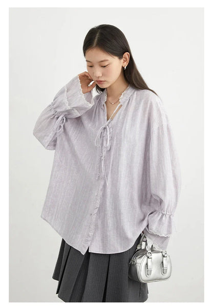 Women Shirt Single Breasted V-neck Loose Casual Long Sleeve New Stand Up Collar Coat Female Blouse Spring Autumn 2025