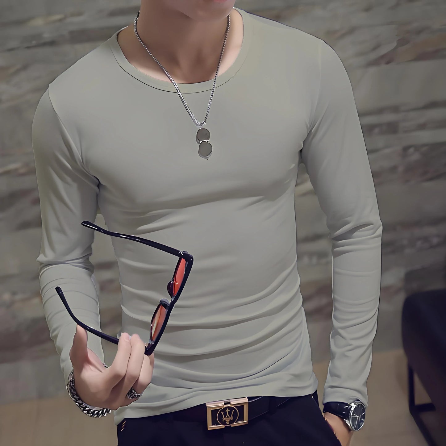 Men's Casual Fashion Solid Color Long-Sleeved Round Neck T-Shirt Classic Men's Spring and Autumn Thin Comfortable Top