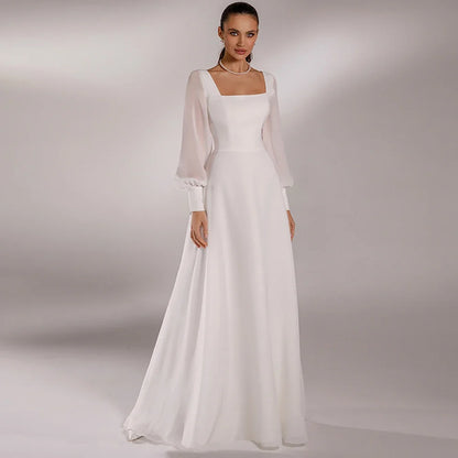 Simple Wedding Dress Beach Bride Dresses Customized Puff Sleeves Square Neck Sweep Train Chiffon Corset Bridal Gowns