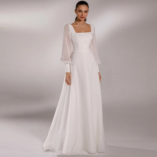 Simple Wedding Dress Beach Bride Dresses Customized Puff Sleeves Square Neck Sweep Train Chiffon Corset Bridal Gowns