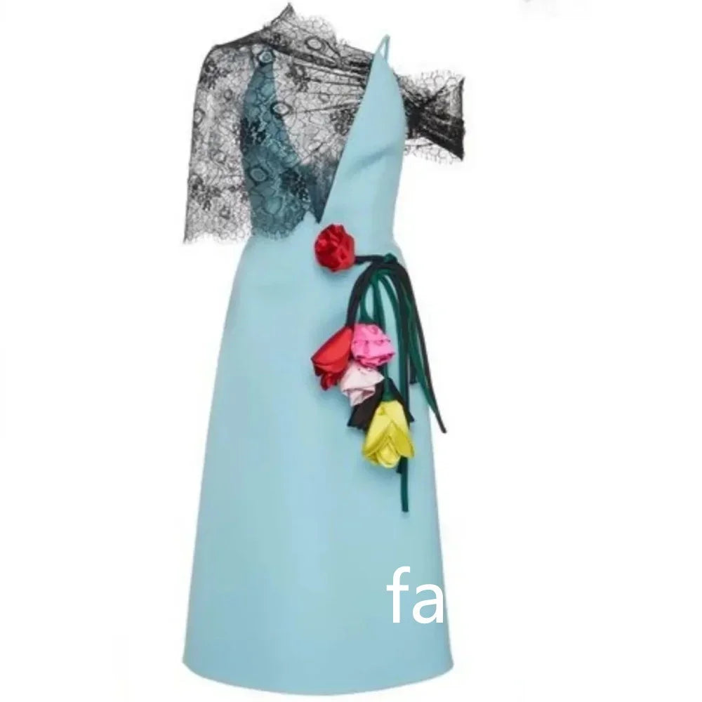 Customized Simple Jersey Pleat Flower A-line One-shoulder Midi Dresses Prom Dresses Classic Exquisite Modern Style Pastrol Unise
