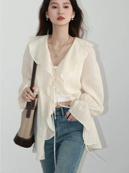 Women Shirt Loose Casual Ruffled Edges Female Blouses Solid V Neck Lace Up Mid Length Ladies Shirts Spring Summer 2026