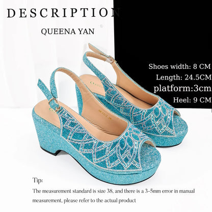 Sky Blue Elegant Nigerian Rhinestone Wedding Shoe and Bag Set Italian Inspired High Heels and Matching Handbag