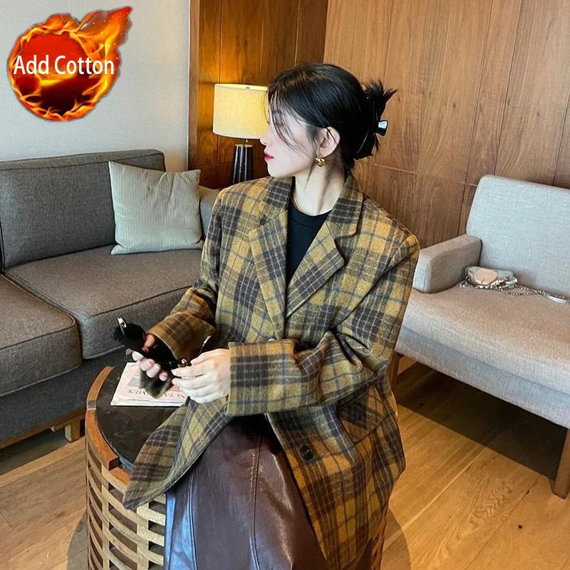 Women's Mid-Length Plaid Wool Coat 2025 Autumn Winter Arrival, Korean Style Warm Blazer, Trendy Yellow Brown Checkered Jacket