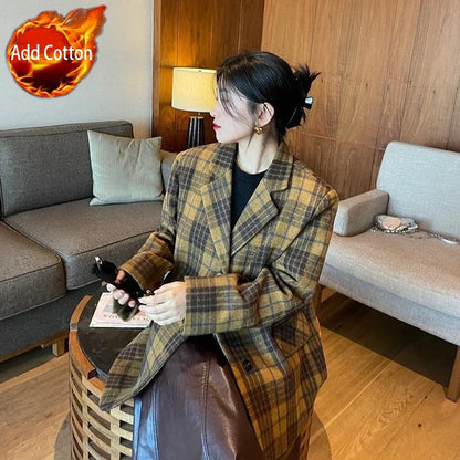Women's Mid-Length Plaid Wool Coat 2025 Autumn Winter Arrival, Korean Style Warm Blazer, Trendy Yellow Brown Checkered Jacket