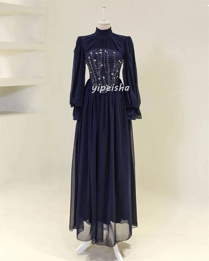 Customized Exquisite Chiffon Draped Sequined Rhinestone A-line High Collar Long Dresses Bespoke Occasion Dresses Formal Retro