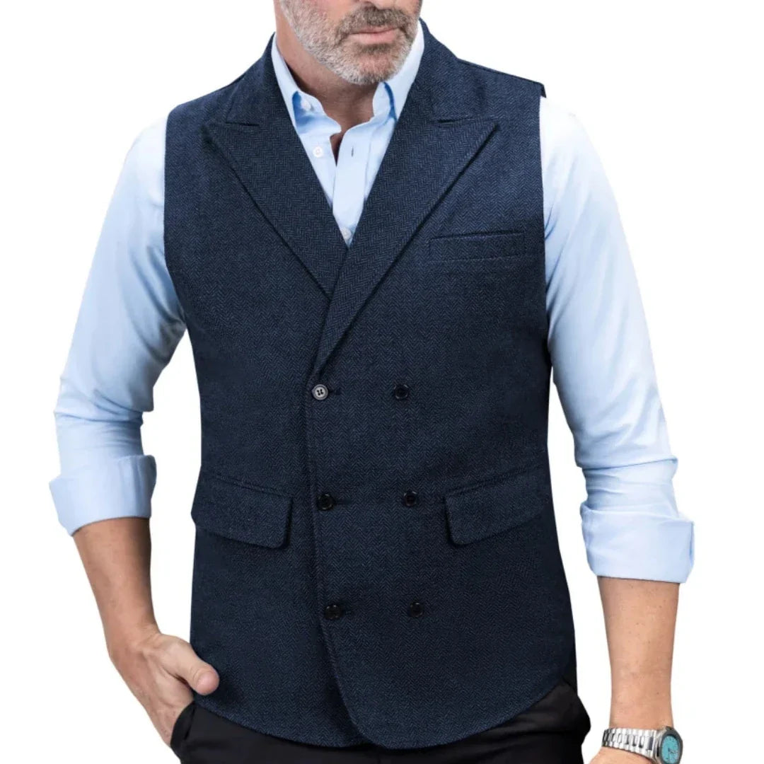 Men Vest Black Herringbone Double Button With Lapel Waistcoat For Wedding Birthday Banquet Office Business Work Men Suit Vest