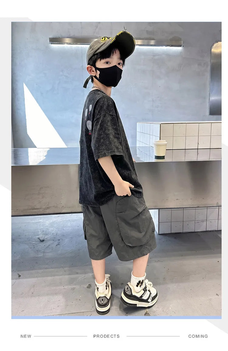 Fashion Boys Summer Outfit T-shirt Shorts Sports Set Children Top and Bottom Tracksuit Set Kids Casual Cotton Sportswear 5-14Y