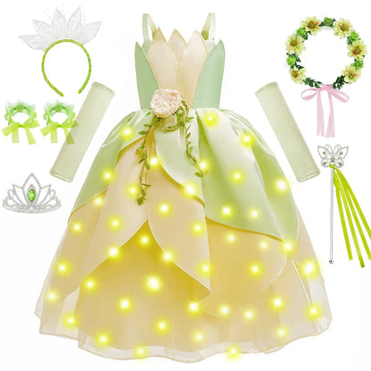 Tiana Fancy Girls Princess Costume Kid Carnival Dress Cosplay Floral LED Light Up Clothing Halloween Girls Christmas Party 2-11T