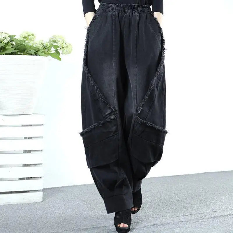 Black Wide-leg Jeans Harlan Pants Loose Fashion Casual Full Length High Waist Patchwork Print Pocket Jeans Women Clothes Spring