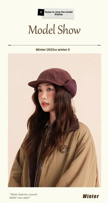 Versatile Retro Bomber Hats Fleece-Lined Warm Corduroy Caps Windproof Earflap Lei Feng Caps Autumn Winter Men Women Wear